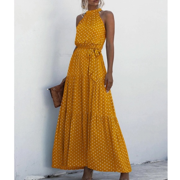 BellanBlue Dresses & Skirts - Boho Mustard Yellow belted polka dot layer ruffle halter Maxi dress